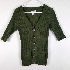 Idaisy Womens Cardigan Sweater Green Medium Button Up Ladies 3/4 Sleeve Sweater
